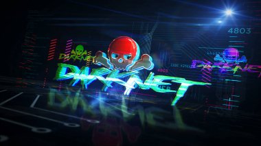 Darknet futuristic cyberpunk style illustration. Modern abstract 3d hologram intro with glitch effect. Cyber crime, darkweb, piracy, illegal network, hacking, theft and security breach concept. clipart