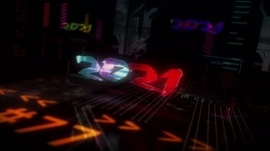 2021 yıllık fütüristik siber punk stili kusursuz 3D animasyon. Hatalı efektli soyut siber şehir modern giriş.