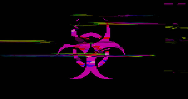 Символ биологической опасности и искажённый текст на фоне ретро-телевидения. Абстрактное представление о вирусах, науке, исследованиях и биологическом оповещении с помощью шума и эффекта скольжения.