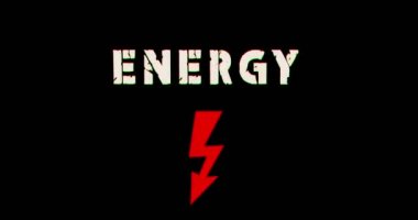 Enerji uyarı sembolü retro televizyon arka planındaki metni bozdu. Elektrik şimşeğinin soyut konsepti, güç teknolojisi ve arıza efektli flaş ikonu. Kusursuz döngü oluşturma canlandırması.