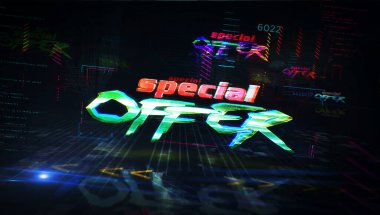 Fütürist siber punk tarzı illüstrasyon için özel teklif. Arıza efektli modern soyut 3D hologram girişi. Sıcak satış, promosyon neonu, ilk koşu, kara cuma ve siber pazartesi konsepti..