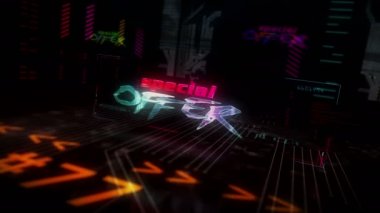 Özel teklif, fütürist siber punk tarzı dikişsiz 3D animasyon. Özet etkisi olan soyut bir şehir. Modern giriş sıcak satış, promosyon neon, ilk koşu, kara cuma ve siber pazartesi..
