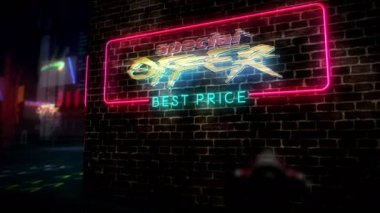 Özel teklif hologram ve neon. Gelecekçi siber punk tarzı tanıtım animasyonu. Modern soyut 3D giriş ve arıza efekti. Acil satış, ilk sefer, Kara Cuma ve siber pazartesi konsepti..