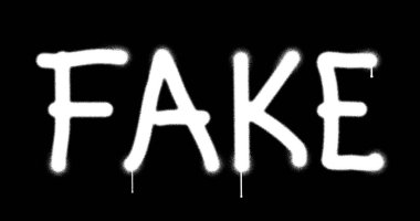 İzole edilmiş sahte tabela spreyi. Graffiti konsepti yalan ve yanlış haber işareti sanatı. Hava fırçası boyası. Şehir soyut sanat eserleri. Alfa kanalı siyah ve beyaz.