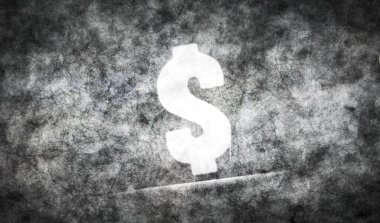 Beton duvara bir dolarlık para sembolü spreyi boyanmış. Graffiti konsepti sanat dünyası tabelası. Elinde işaret şablonu olan bir boya. Şehir soyut sanat eserleri.