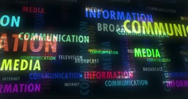 iletişim bilgileri ve medya soyut döngü kavramı. Yayın, internet ve televizyon metni. Kusursuz, sonsuz ve üç boyutlu sözcükler animasyonu.