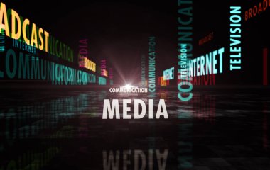 İletişim bilgileri ve medya soyut kavramı. Yayın, internet ve televizyon metni 3d illüstrasyon.