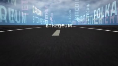 Yol üzerinde Bitcoin metni. Ethereum, polkadot, iplik, cardano ve litekoin gibi soyut döngü kavramları. Kusursuz döngü 3D animasyon. Caddenin karşısına geçiyor..