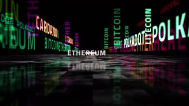 Bitcoin metni dikişsiz 3D soyut animasyon. Ethereum, polkadot, iplik ve cardano döngüsü kavramı.