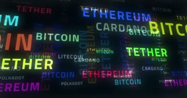 Bitcoin ethereum ve soyut döngü kavramı. Polkadot, Cardano ve litekoin metni. Kusursuz, sonsuz ve üç boyutlu sözcükler animasyonu.