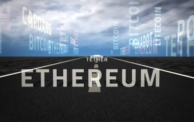 Bitcoin ethereum ve soyut kavram. Polkadot, cardano ve litekoin metin 3D illüstrasyon.
