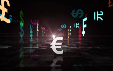 Para birimi Eollar, Euro ve Yen soyut kavramları. Sterlin, İsviçre Frangı ve Renminbi 3D görüntü.
