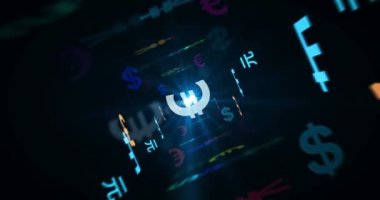 Para birimi metni dikişsiz 3D soyut animasyon. Dolar, Avro, Sterlin, Yen ve İsviçre frangı döngüsü.