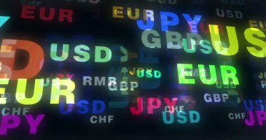 Para birimi dolar, euro ve Yen soyut döngü kavramı. Sterlin, İsviçre frangı ve Renminbi metni. Kusursuz, sonsuz ve üç boyutlu sözcükler animasyonu.