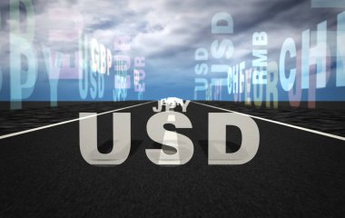 Para birimi Eollar, Euro ve Yen soyut kavramları. Sterlin, İsviçre Frangı ve Renminbi metin 3d illüstrasyon.