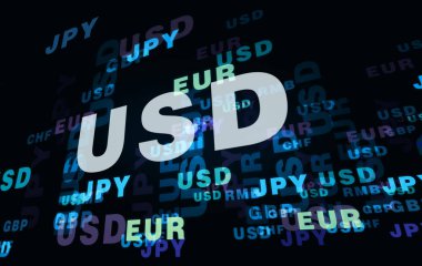 Para birimi Eollar, Euro ve Yen soyut kavramları. Sterlin, İsviçre Frangı ve Renminbi metin 3d illüstrasyon.