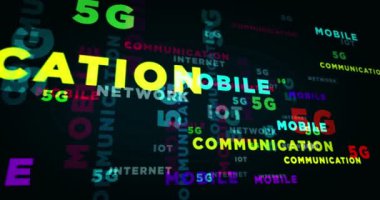 5G mobil ve iletişim soyut döngü kavramı. iot, internet ve ağ metni. Kusursuz, sonsuz ve üç boyutlu sözcükler animasyonu.