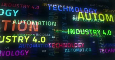 Endüstri 4.0 metin soyut döngü konsepti teknoloji ve otomasyon. Kusursuz, sonsuz ve üç boyutlu sözcükler animasyonu.