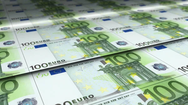 Euro sheet of money print 3d illustration. EUR banknotes printing background concept of finance, economy crisis, inflation and business in Europe.