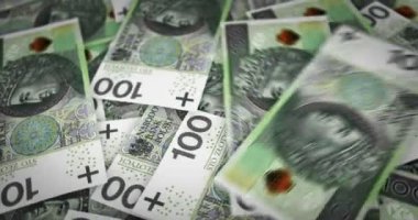 Polonyalı Zloty büyüyen para yığını. PLN banknotları dönüyor. Polonya 'da finans, ekonomik kriz, enflasyon ve iş konularında kusursuz ve döngülü bir arka plan kavramı.