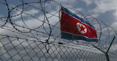 Kuzey Kore bayrak sallıyor. Rüzgarda dalgalanan Kore bayrağı pürüzsüz ve döngülü animasyon.