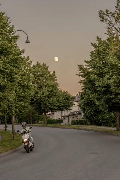 Měsíc Nad Stromy Ulici Večerních Hodinách — Stock fotografie