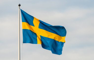 Rüzgarda dalgalanan büyük İsveç bayrağı..