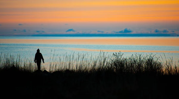 Silueta Una Persona Una Playa Atardecer — Foto de Stock