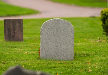 Sessiz mezarlıktaki yeşil çimlerin üzerinde duran basit gri mezar taşı.
