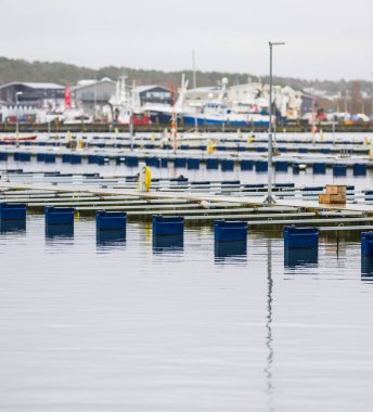 Bulutlu bir günde limanı boş ve büyük rıhtımlı gemiler.