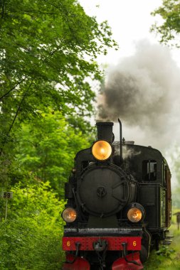 Buharı tüten klasik lokomotifin ön görüntüsünü kapat