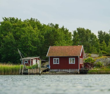 Lakeside İsveç kulübesi yemyeşil ormanlarda