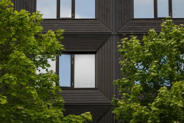 Pencereli modern siyah ahşap bina cephesi