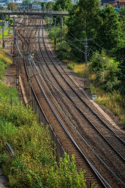 Yeşil arazide uzanan birden fazla demiryolu hattı var.