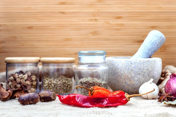 Assortment of spices ingredients of thai popular food red curry — Stock Photo, Image