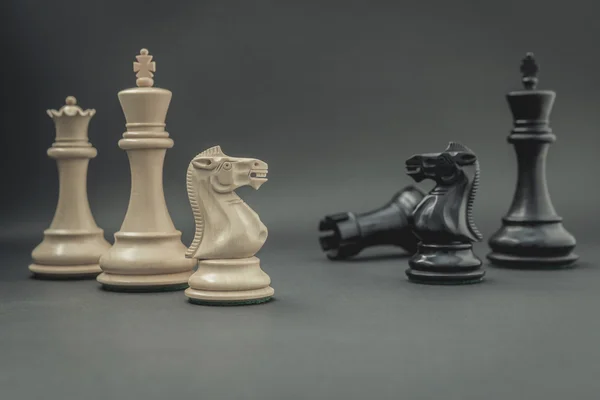 Re in bianco e nero e cavaliere di scacchi impostato su backgroun scuro — Foto Stock