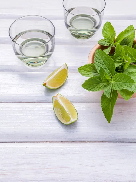 Bahan untuk membuat daun mint mojitos, kapur, lemon dan vodka — Stok Foto