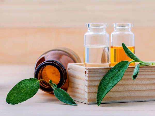 Bottle of essential oil with fresh sage leaves shallow depth of — Stock Photo, Image