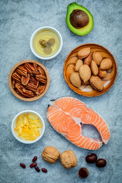 Selection food sources of omega 3 and unsaturated fats. Super fo — Stock Photo, Image