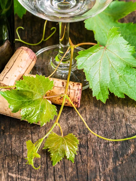 Close up of wine corks with grape vine and leaves on wooden tabl — Stock Photo, Image