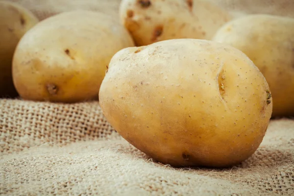 Closeup fresh organic potatoes on hemp sack background. Row orga — Stock Photo, Image