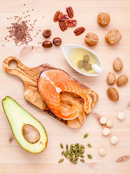 Selection food sources of omega 3 and unsaturated fats. Super fo — Stock Photo, Image