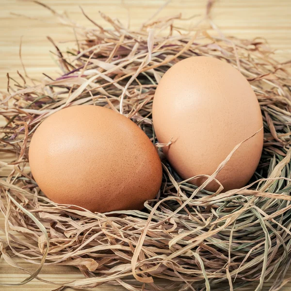 Closeup brown chicken eggs in a straw nest . Fresh organic eggs — Stock Photo, Image