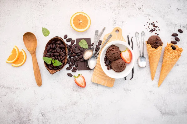 Csokoládé Fagylalt Ízek Tálban Étcsokoládé Kakaó Nibs Telepítve Fehér Háttér — Stock Fotó