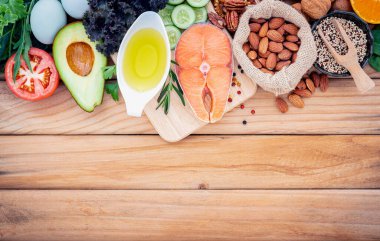 Ketojenik düşük karbonhidrat diyet konsepti. Beyaz arka planda sağlıklı yiyecek seçimi için gerekli malzemeler. Doymamış yağ ve kalp ve kan damarları için lif bileşenleri dengeli..