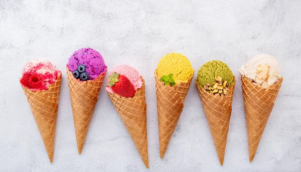 Various Ice Cream Flavor Cones Blueberry Pistachio Almond Orange Cherry — Stock Photo, Image