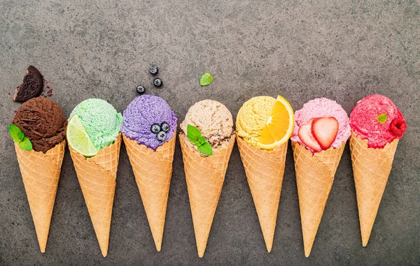 Flat Lay Ice Cream Cones Collection Dark Stone Background Blank — Stock Photo, Image