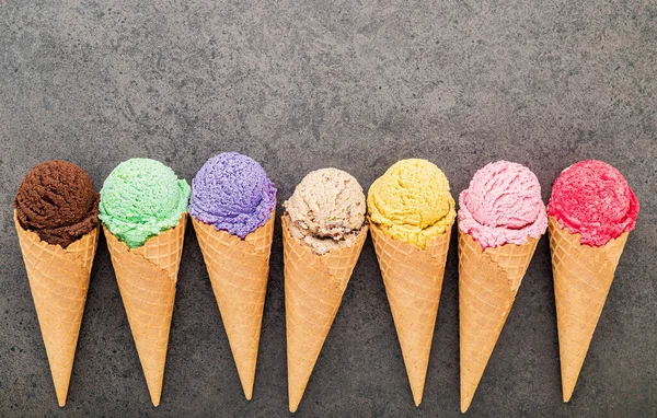 Flat Lay Various Ice Cream Cones Set Dark Stone Background — Stock Photo, Image