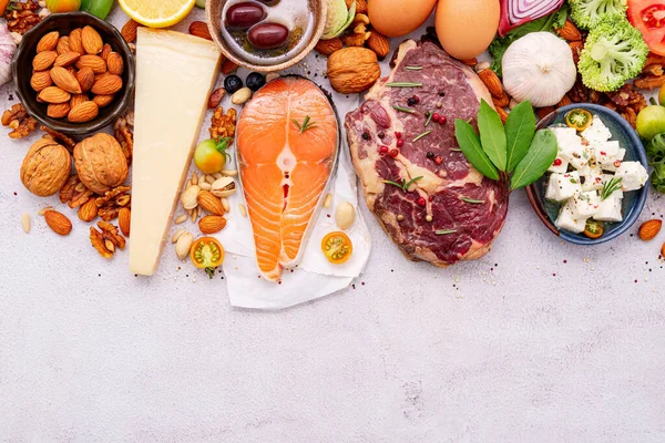 Conceito Dieta Cetogênica Baixo Carboidratos Ingredientes Para Seleção Alimentos Saudáveis — Fotografia de Stock