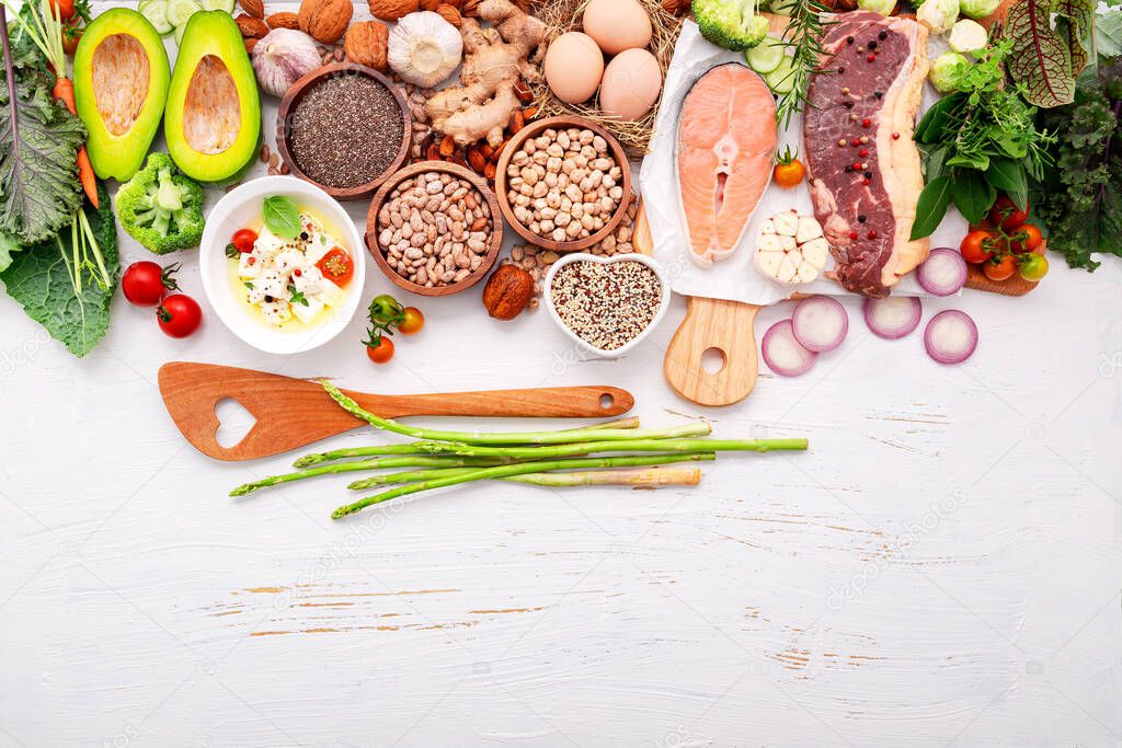 Ketogenic low carbs diet concept. Ingredients for healthy foods selection set up on white wooden background.